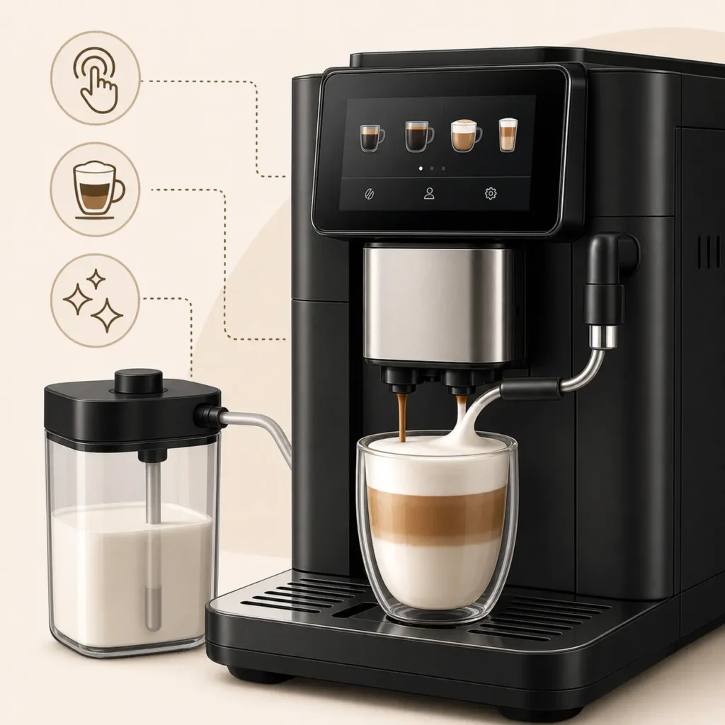 Super-Automatic Espresso Machine preparing a latte with silky milk foam and automatic frothing system  