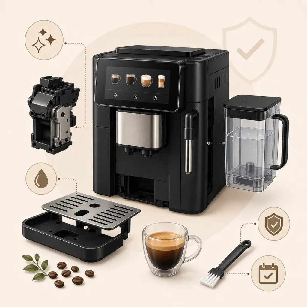 Super-Automatic Espresso Machine with removable parts arranged for easy cleaning and long-term maintenance  