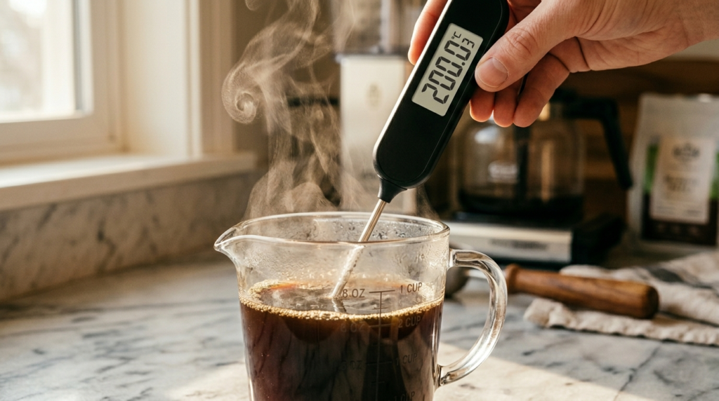 Digital thermometer measuring brew temperature of freshly ground coffee at 200°F for optimal coffee machine with grinder extraction — KitchePicks