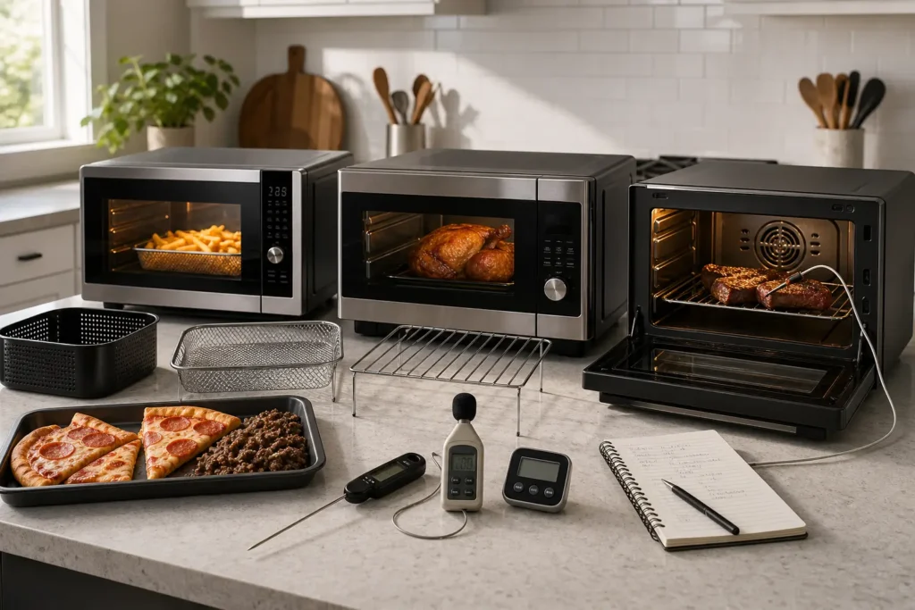 Air fryer microwave combo reviews test setup with fries, chicken, pizza, and included accessories