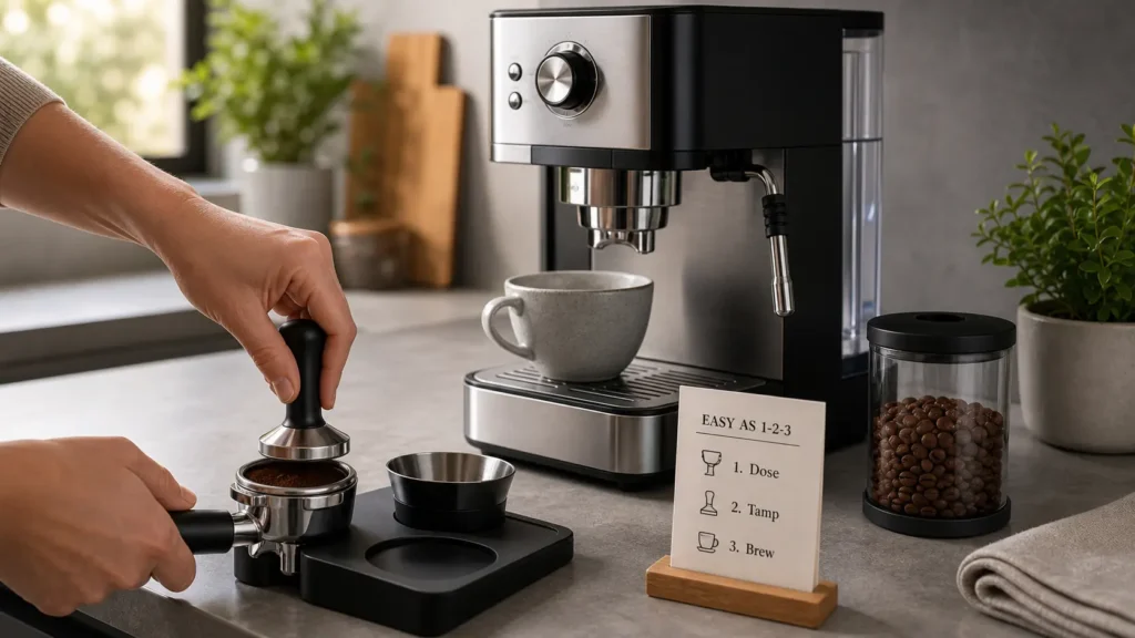Beginner-friendly home espresso machine setup with portafilter, tamper, dosing tools, and cup ready for brewing