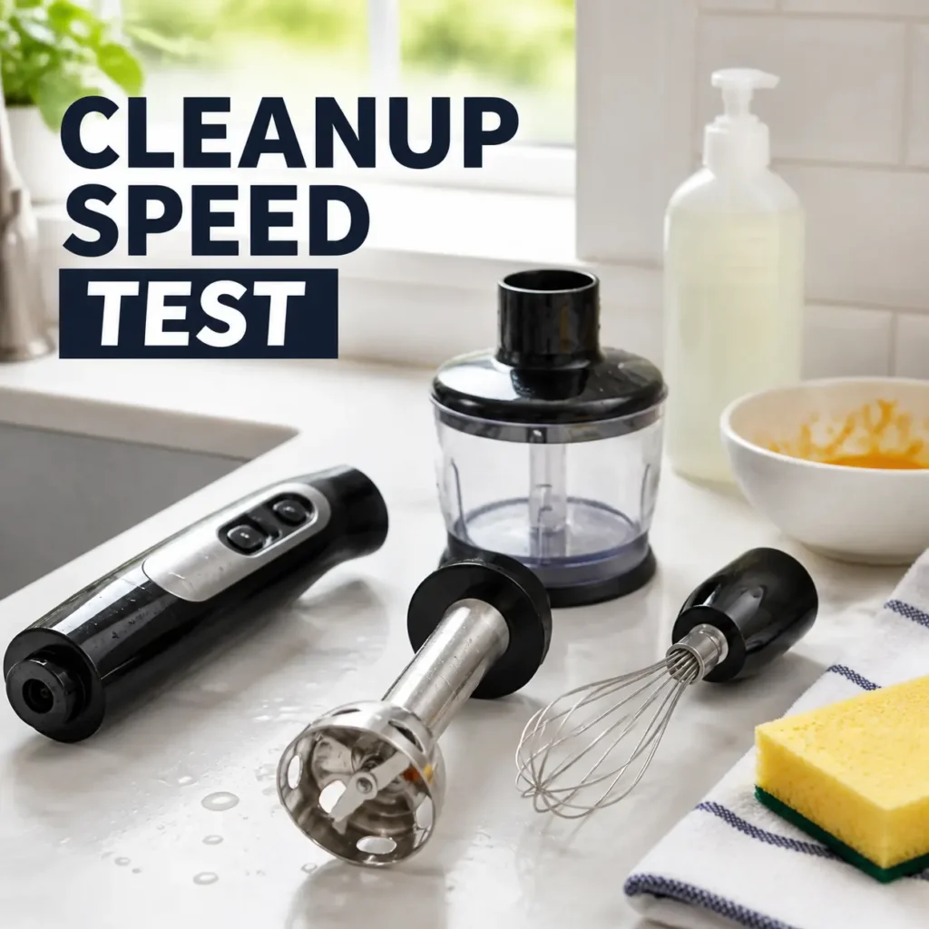 Best Immersion Blenders cleanup speed test with Braun hand blender parts disassembled on kitchen counter — KitchePicks  