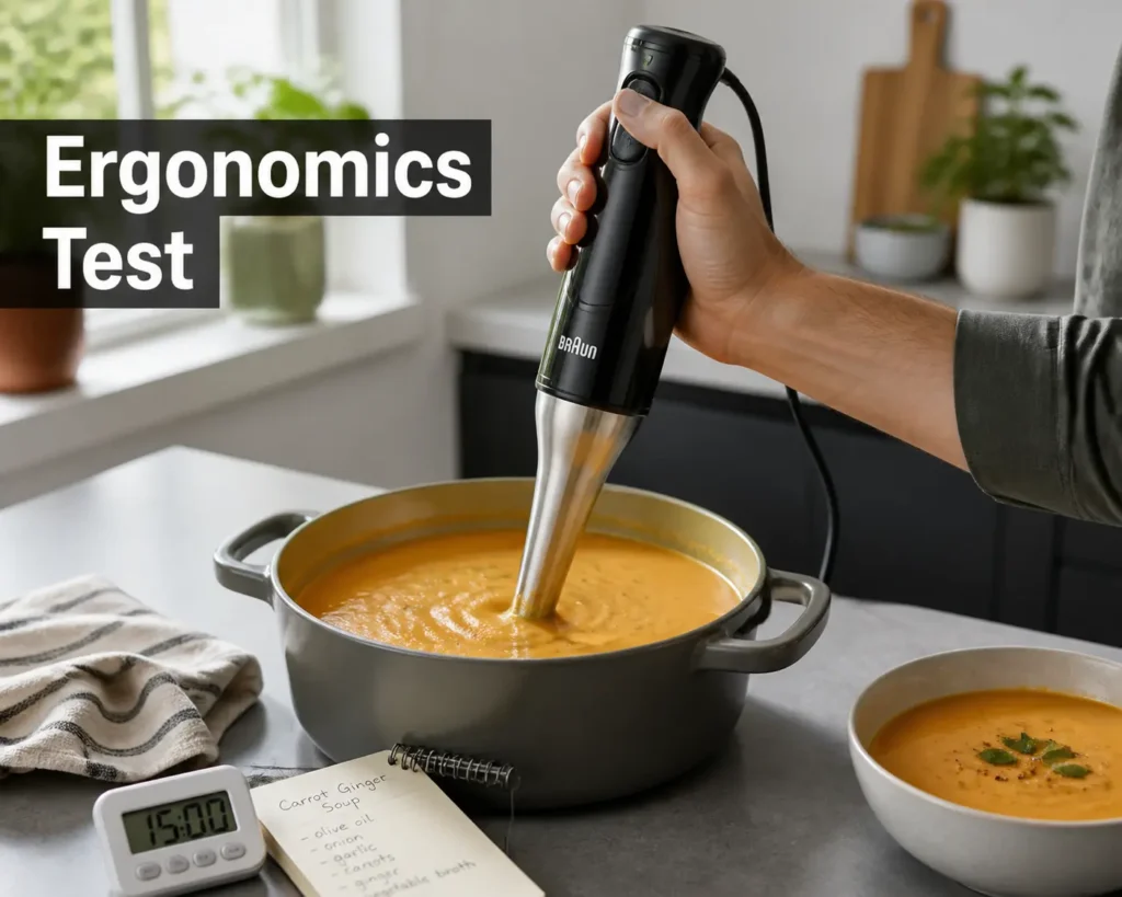 Best Immersion Blenders ergonomics test showing Braun hand blender grip comfort during extended soup blending — KitchePicks