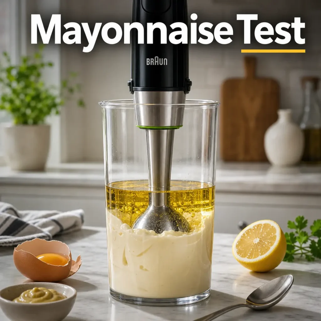 Best Immersion Blenders mayonnaise test with Braun hand blender emulsifying homemade mayo in a beaker  