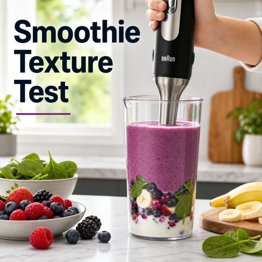 Best Immersion Blenders smoothie texture test with Braun hand blender blending berries, banana, and spinach