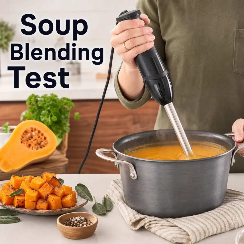 Best Immersion Blenders soup blending test with Braun hand blender blending butternut squash soup  