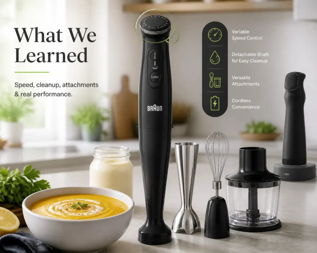Best Immersion Blenders what we learned image showing speed control, attachments, cleanup, and real blending performance  