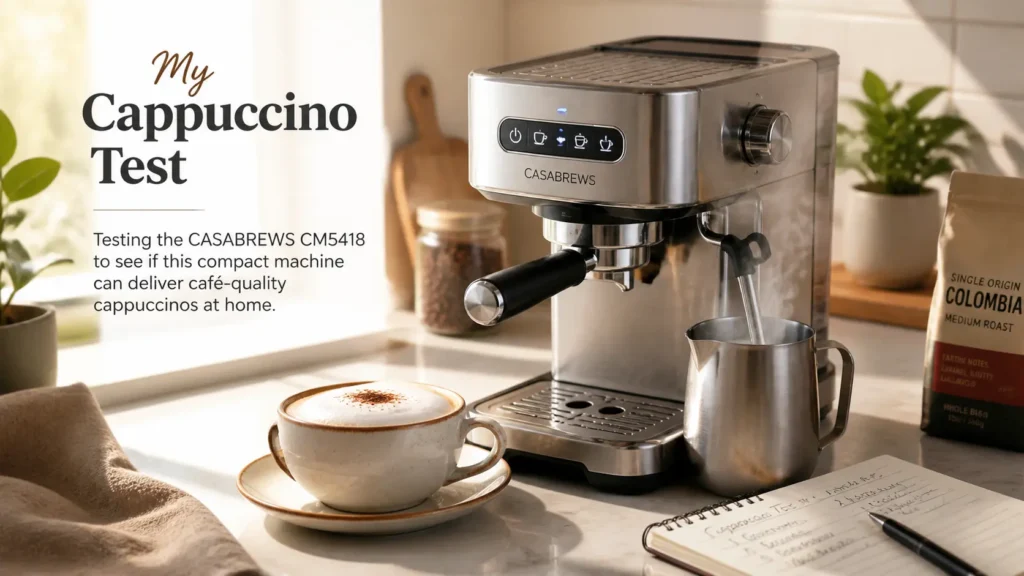 Casabrews CM5418 steaming milk for a cappuccino in a home kitchen test