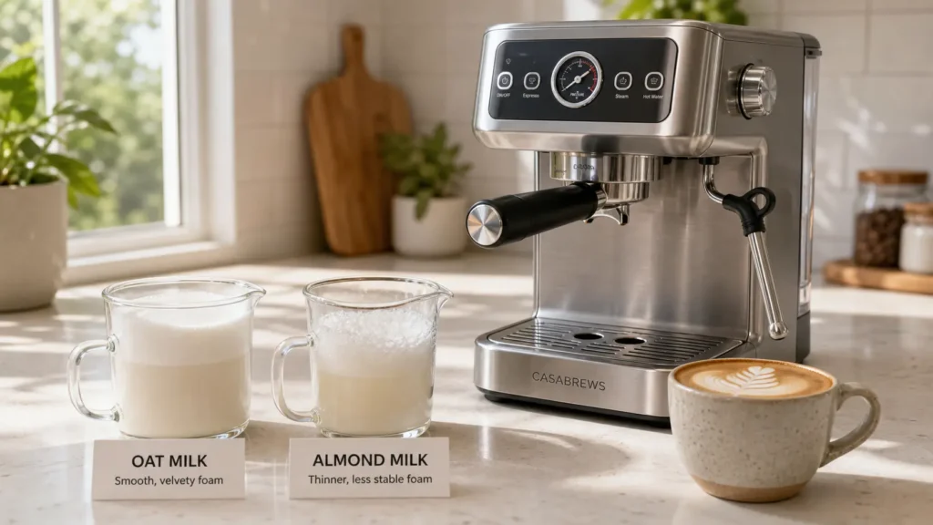 Casabrews CM5418 frothing oat milk and almond milk to compare plant-based milk foam results