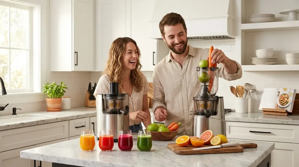 Couple using a cold press juicer in a modern white kitchen — best juicers 2026 tested