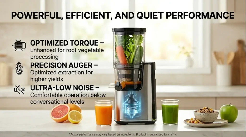 Cold press juicer handling hard vegetables with quiet motor and high juice yield