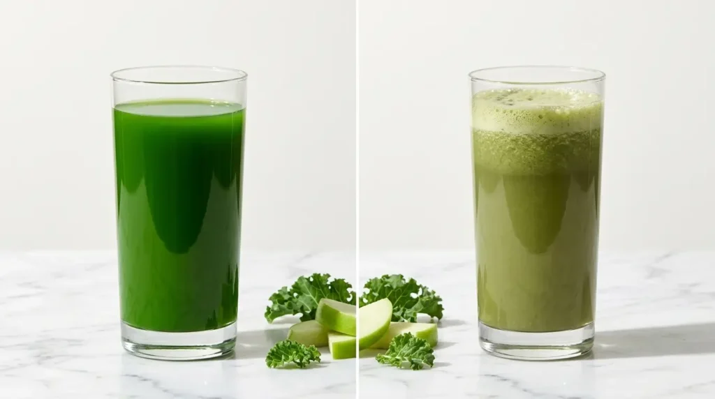 Cold press vs centrifugal juice quality comparison — clear juice vs foamy juice side by side