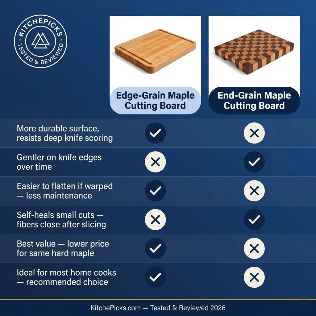 Edge grain vs end grain maple cutting board comparison chart — durability, maintenance, knife-friendliness and value side by side