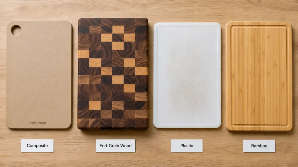 Epicurean Cutting Board review comparison with wood, plastic, and bamboo cutting boards  