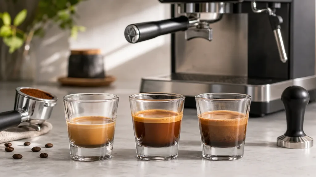 Balanced and inconsistent espresso shots in clear glasses beside a home espresso machine, showing extraction quality comparison  