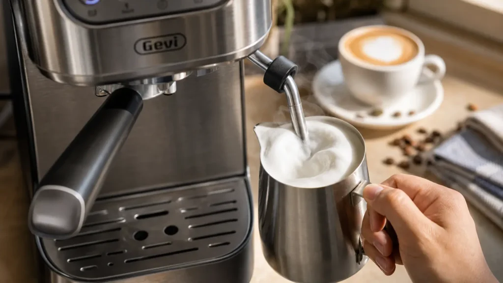 Gevi 20 bar espresso machine steam wand frothing milk in stainless steel pitcher