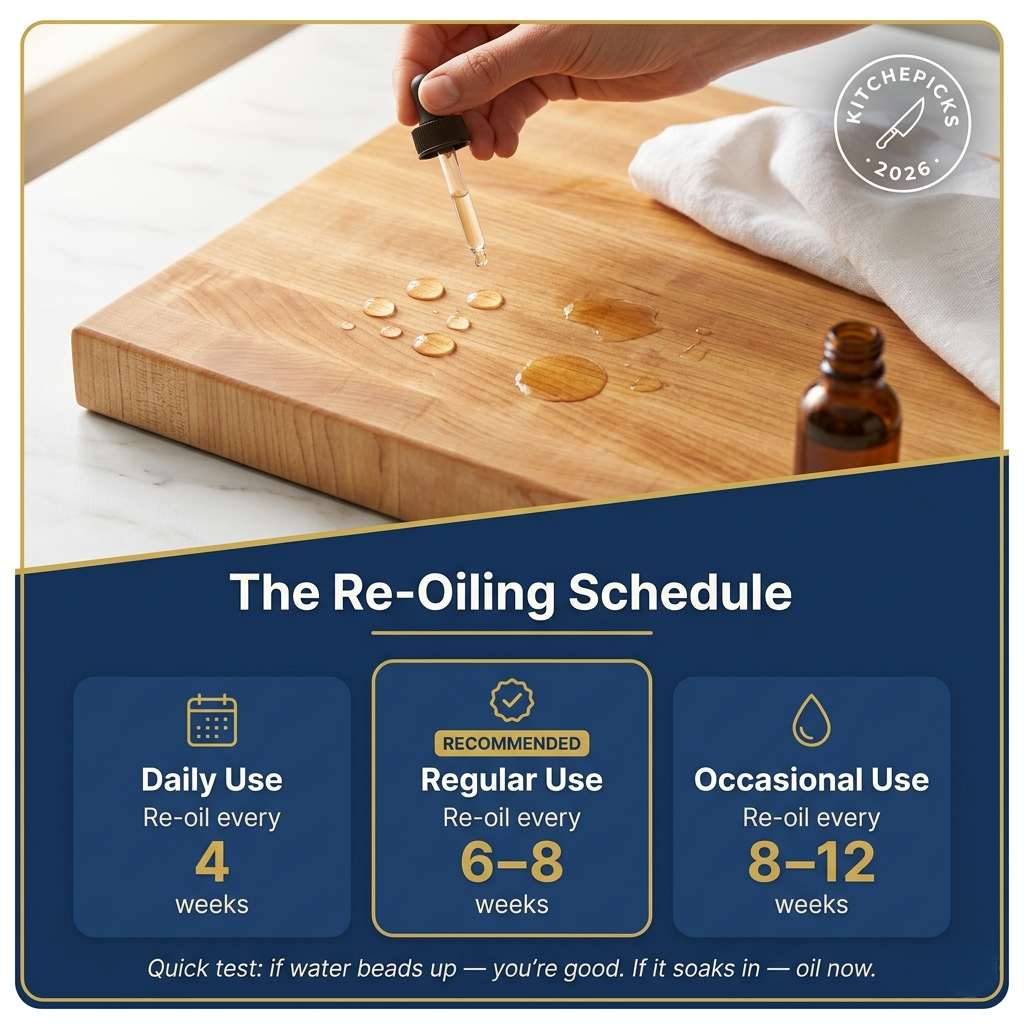 How often to re-oil a maple cutting board — water bead test and re-oiling schedule for daily, regular, and occasional use
