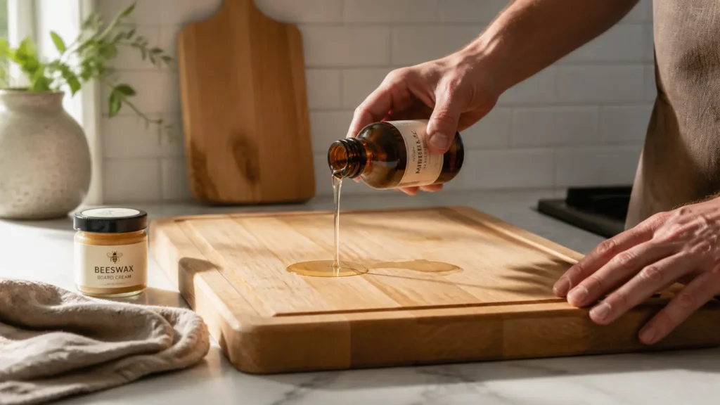 Applying mineral oil to a John Boos maple cutting board to condition and protect the wood