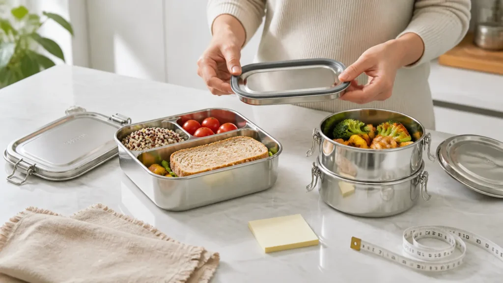 Hands comparing two open stainless steel lunch boxes on a kitchen counter to choose the best option