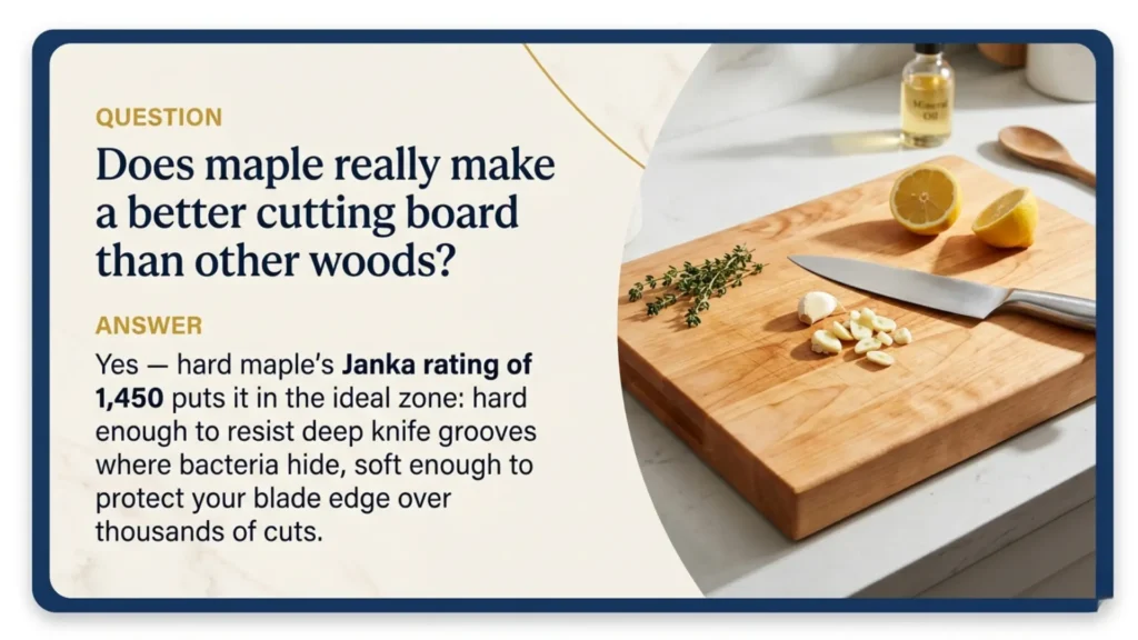 Maple cutting board with chef's knife, garlic, lemon and thyme — why hard maple makes the best cutting board with a Janka rating of 1,450