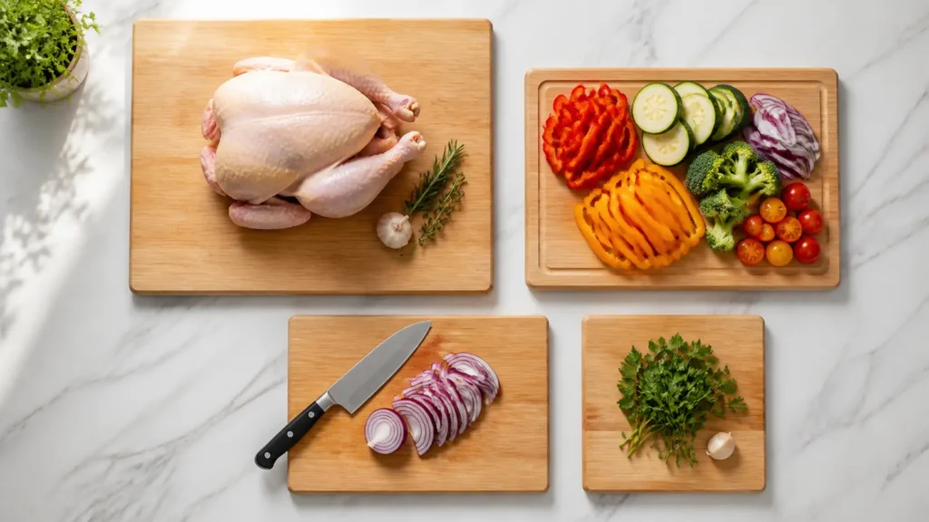 Four John Boos maple cutting boards in different sizes showing best use for each kitchen cooking style