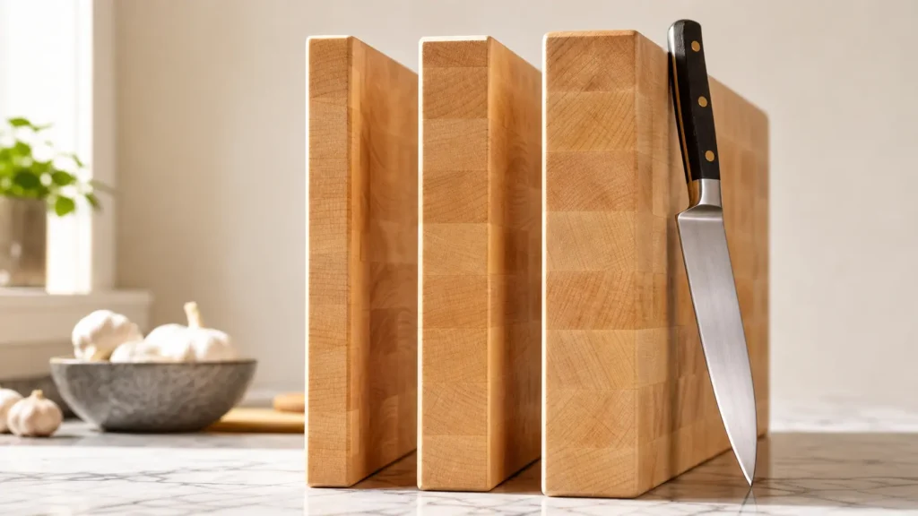 John Boos maple cutting boards side by side showing 1-inch, 1.25-inch, and 1.5-inch thickness difference