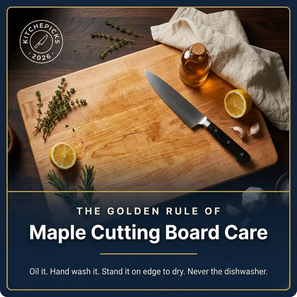 Maple cutting board standing upright on kitchen counter with wooden utensils and oils — 5 mistakes that shorten your maple cutting board lifespan