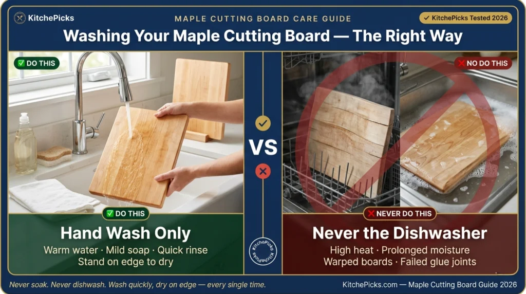 How to wash a maple cutting board — hand washing with mild soap vs dishwasher damage showing warped and cracked wood