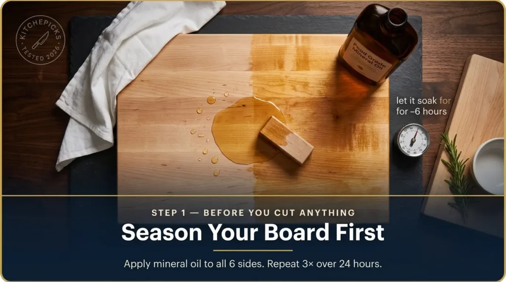 Seasoning a maple cutting board for the first time — applying food-grade mineral oil to all six sides before first use