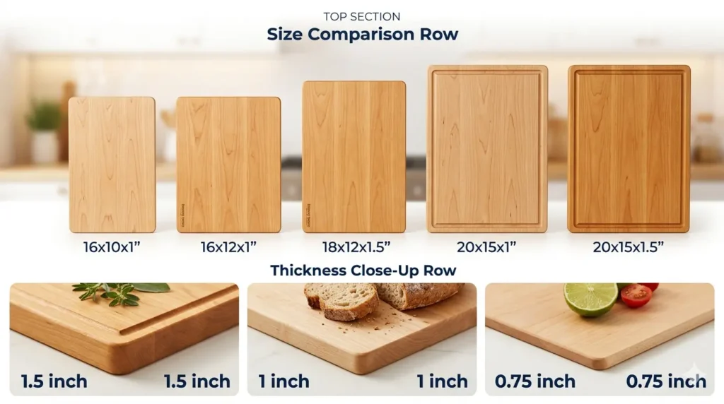 Maple cutting board size and thickness comparison — 1.5 inch, 1 inch, and 0.75 inch hard maple boards side by side