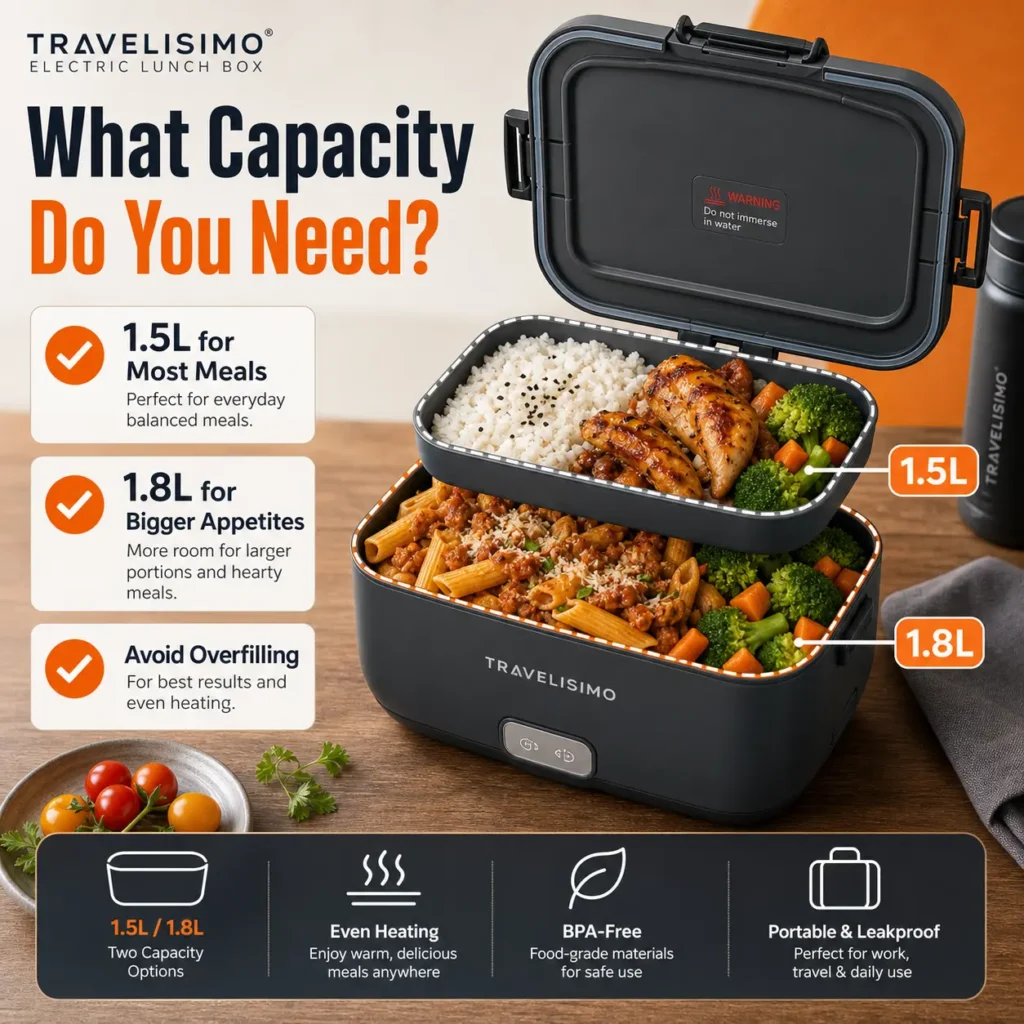 TRAVELISIMO electric lunch box showing 1.5L vs 1.8L meal capacity