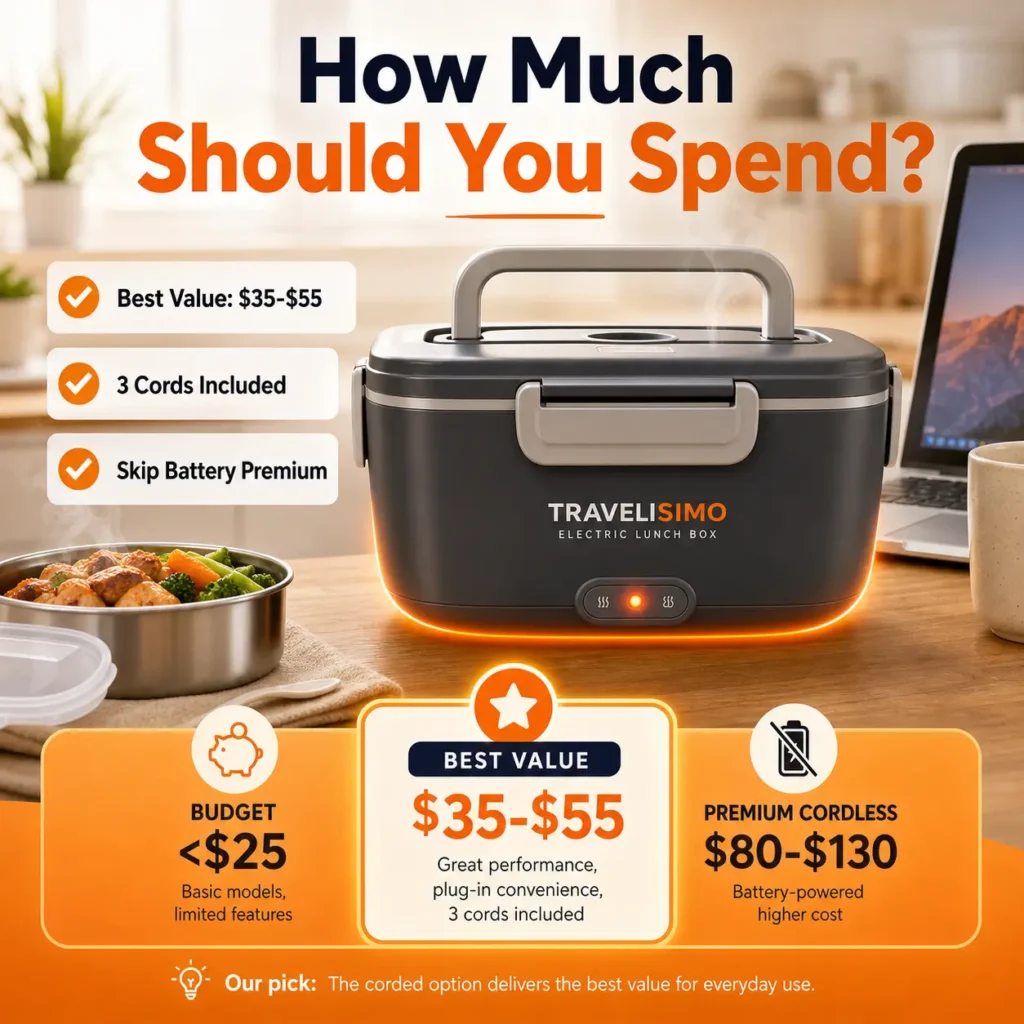TRAVELISIMO electric lunch box price guide showing budget and best value tiers