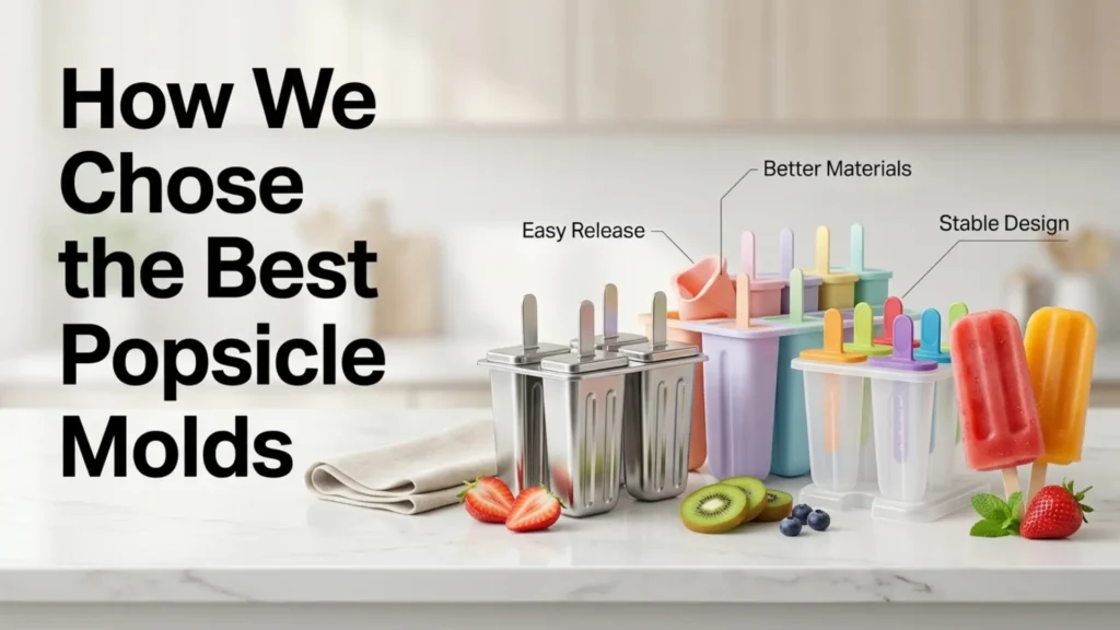 Best popsicle molds comparison graphic showing how we chose the top silicone, stainless steel, and BPA-free popsicle molds