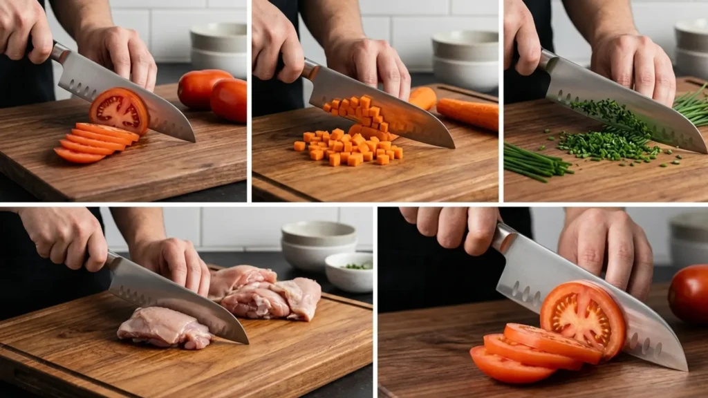 best Santoku Knives how we tested grid showing tomato slicing carrot dicing chive mincing chicken breakdown and edge retention