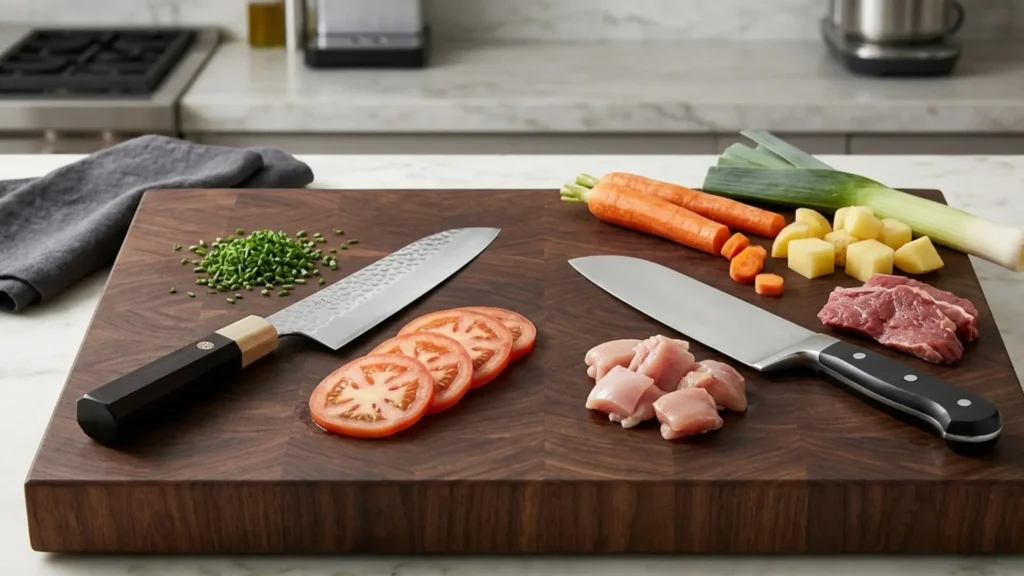 best Santoku Knives steel hardness trade-off showing harder Japanese-style steel versus softer German-style steel