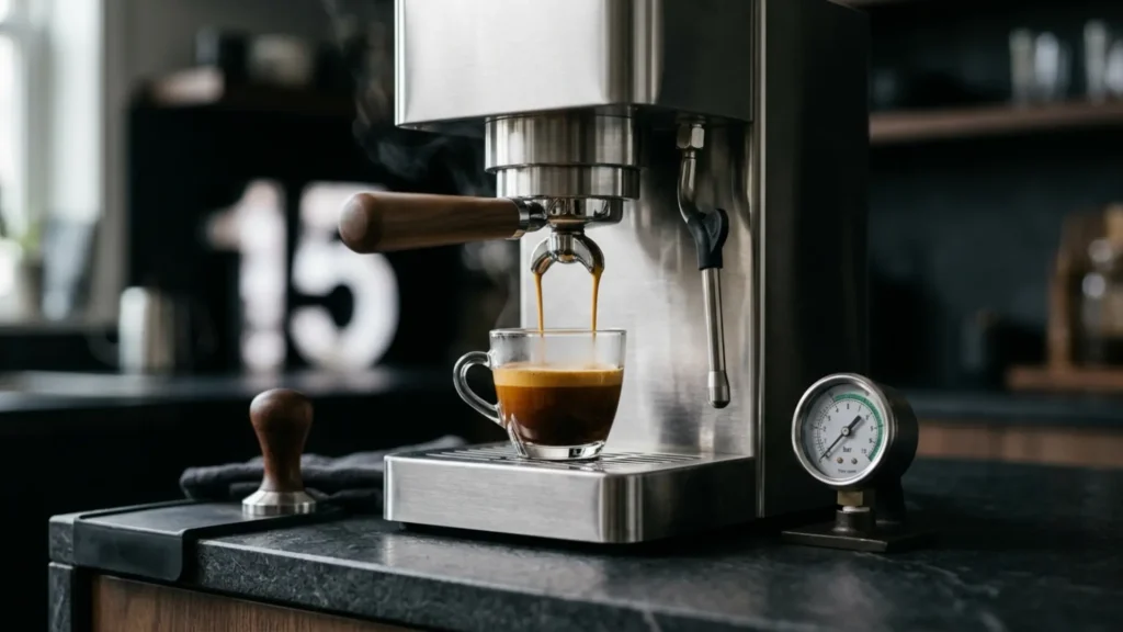 Espresso Machines Without Grinder brewing a crema-rich shot beside a pressure gauge showing the ideal 9 to 10 bar range.
