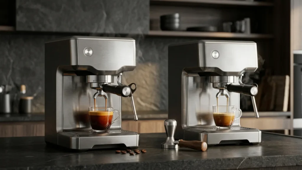 Espresso Machines Without Grinder comparison showing one machine pulling a richer espresso shot than another budget model.