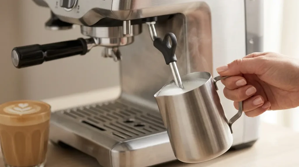 Espresso Machines Without Grinder using a manual steam wand to froth milk for cappuccinos and latte-style drinks.