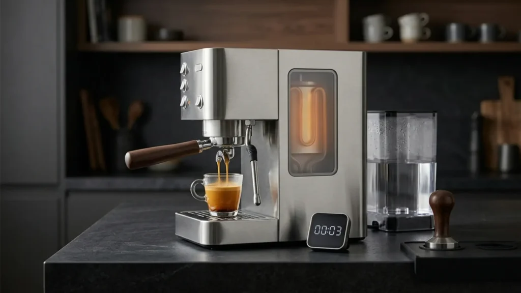 Espresso Machines Without Grinder with fast thermoblock heating and espresso ready in seconds beside a removable water tank