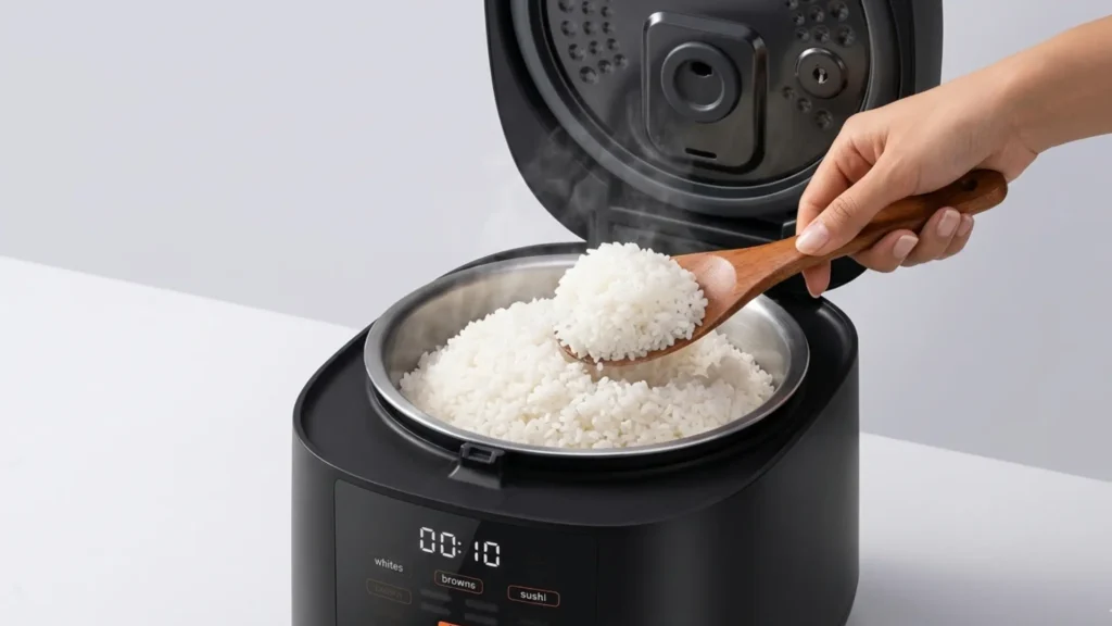 Fuzzy logic rice cooker with lid open and wooden paddle scooping fluffy white rice from stainless steel inner pot
