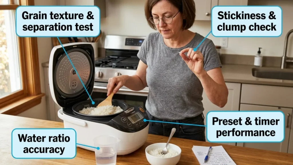 Woman testing rice cooker performance by examining grain texture and stickiness with a wooden paddle and measuring cup on a kitchen countertop