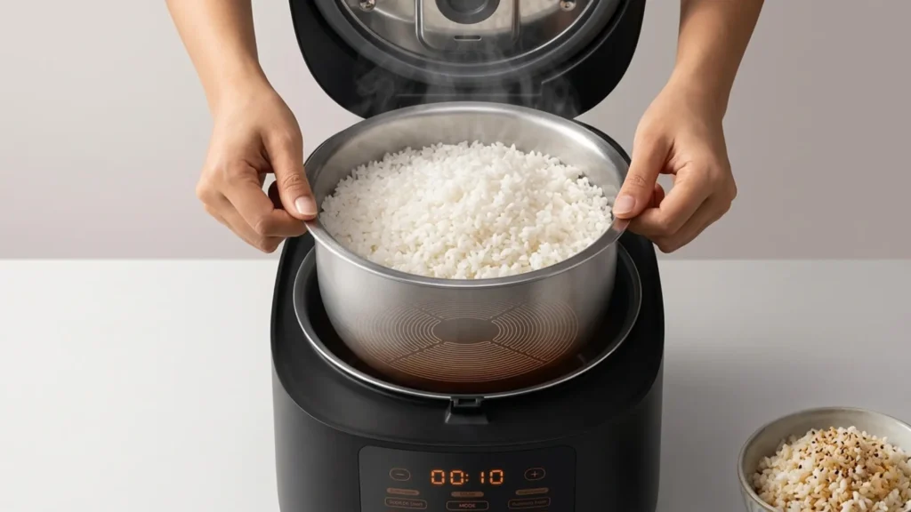Induction rice cooker with stainless steel inner pot filled with perfectly cooked Japanese short-grain rice and rising steam
