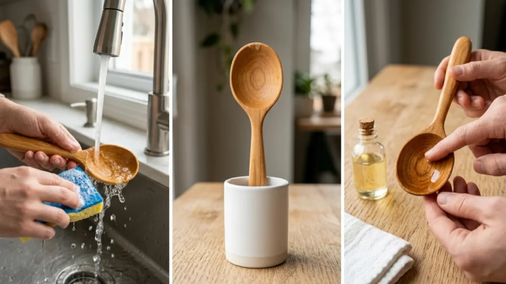 Three-step care guide for maple wooden utensils showing hand washing drying upright and applying food grade mineral oil