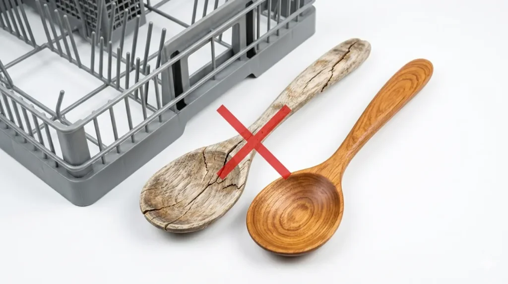 Maple wooden utensils damaged by dishwasher showing warping cracking and grain splitting compared to properly hand washed spoon