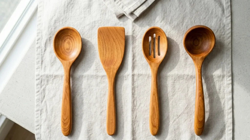 Essential maple wooden utensils set of four including spoon flat spatula slotted spoon and ladle for home kitchen