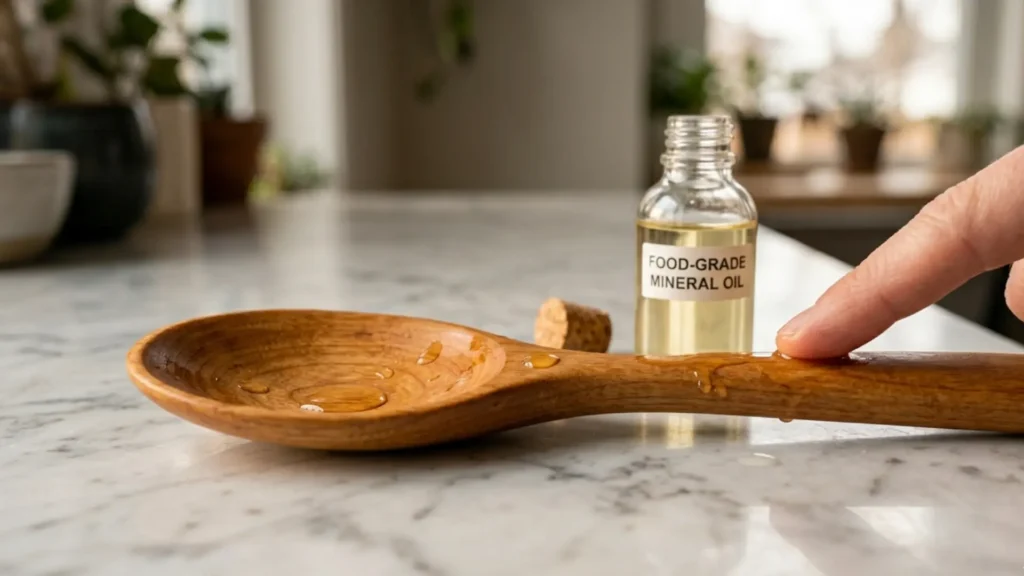 Applying food grade mineral oil to maple wooden utensils to seal grain and prevent cracking
