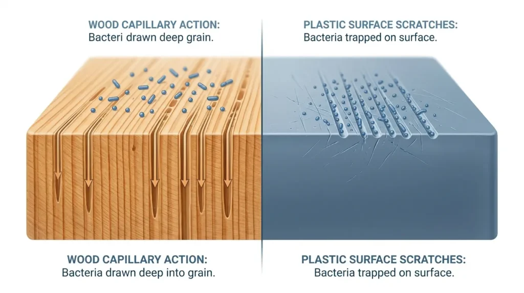 Diagram showing how maple wooden utensils grain structure draws bacteria inward through capillary action killing them during drying