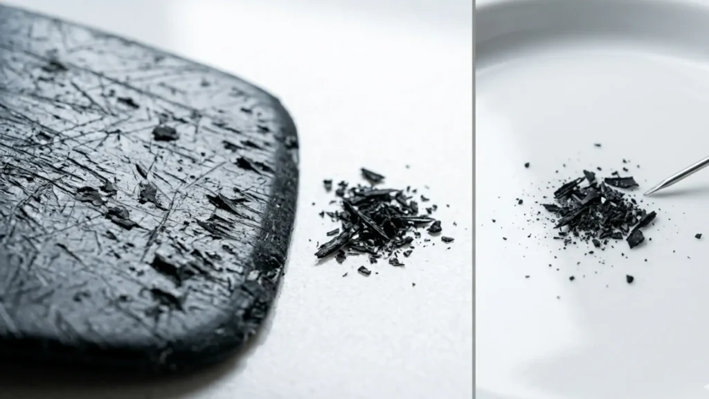 Black plastic kitchen utensil surface showing scratches and microplastic particles that leach chemicals compared to safe maple wooden utensils