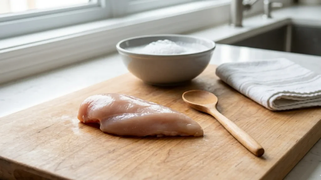 Maple wooden utensils shown safely used with raw meat on cutting board with hot soapy water for proper cleaning
