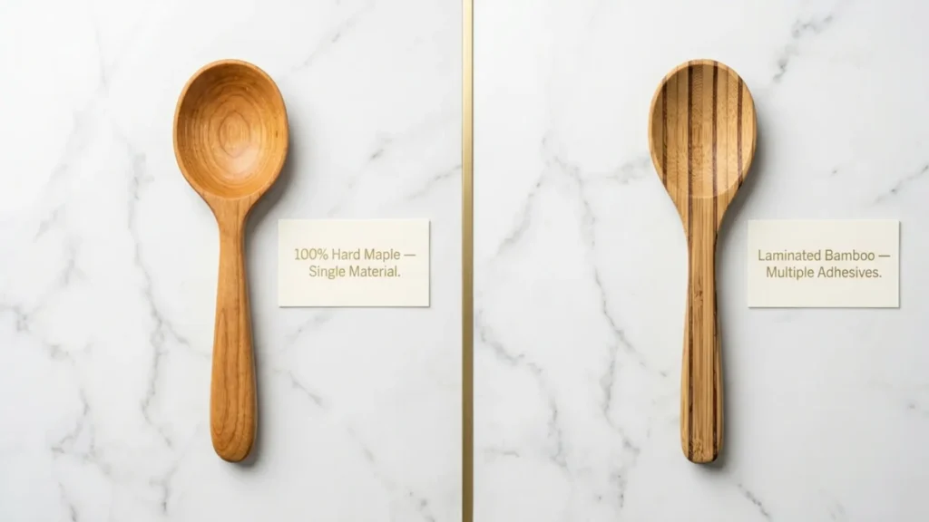 Overhead product shot comparing maple wooden utensils single pure hardwood grain versus bamboo spoon laminated strips with adhesive seams